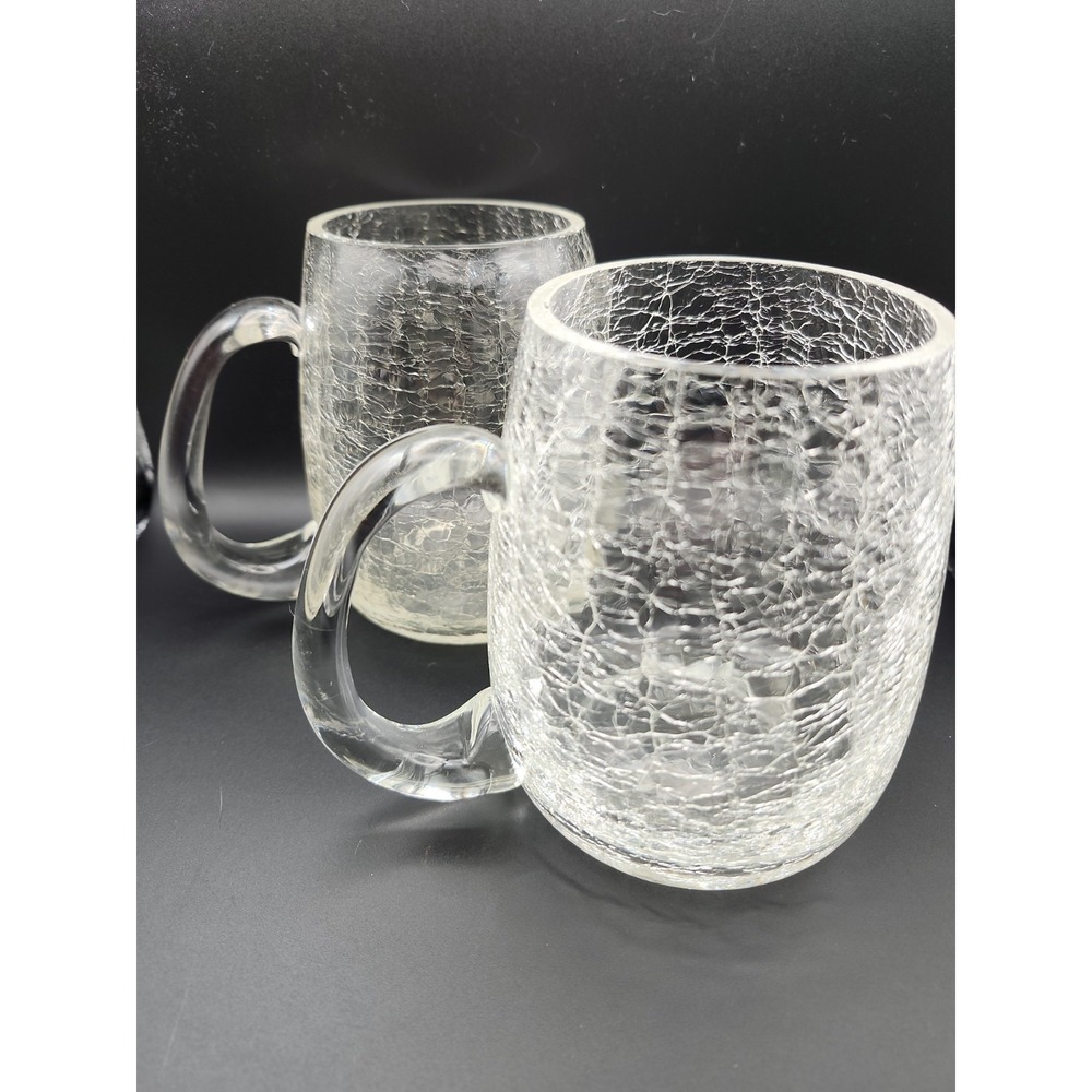 Pr (2).Hand Blown Crackle Glass Mugs. Handmade. Blenko Style. Unique.